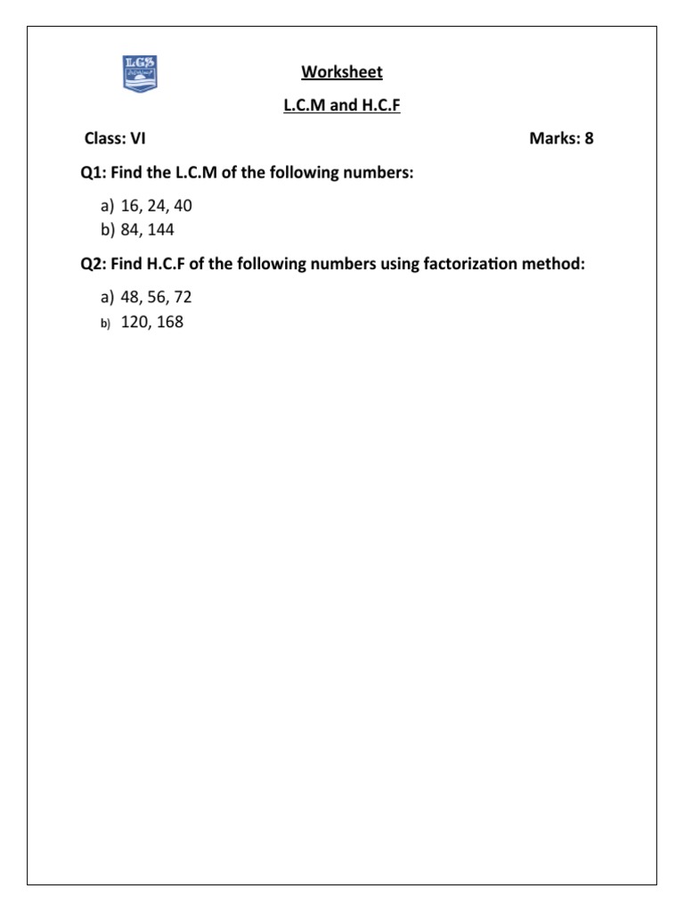 LCM and HCF Worksheet with Questions to Find Lowest Common Multiple and ...