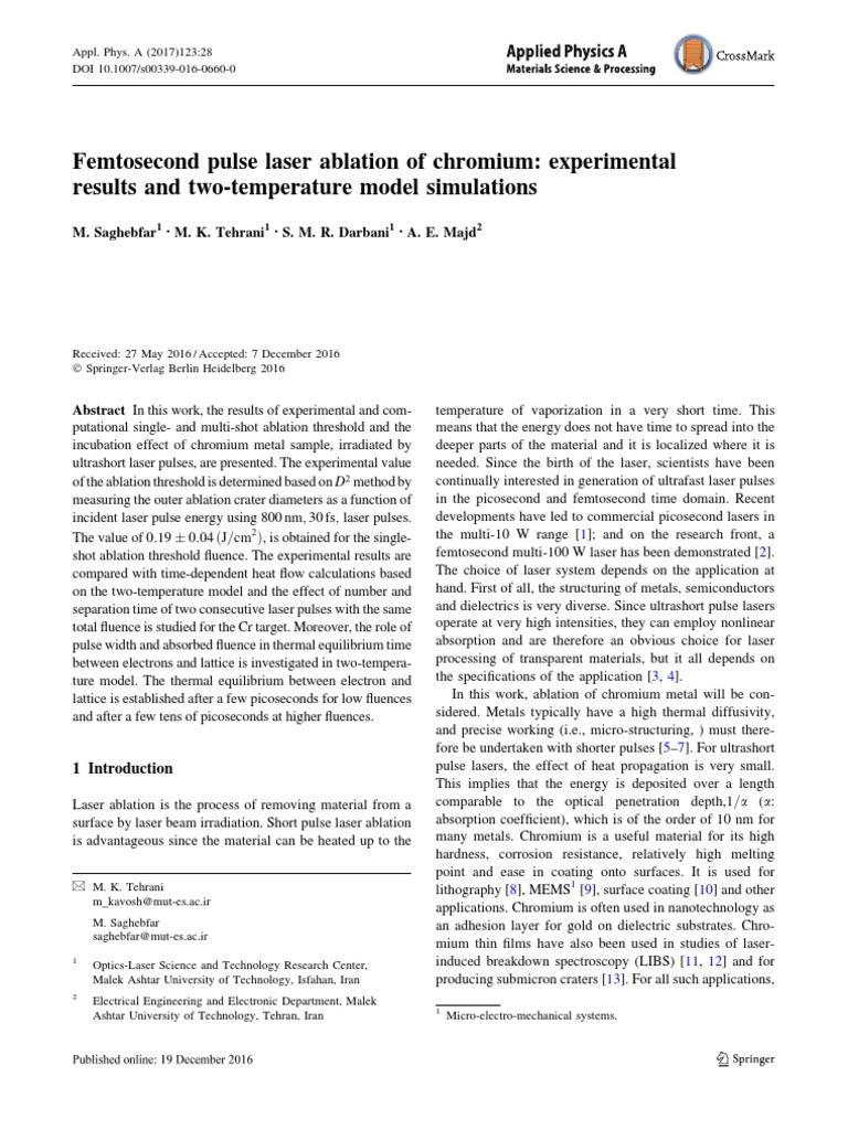 Femtosecond Pulse Laser Ablation of Chromium: Experimental Results and ...