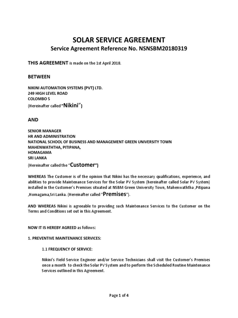 Solar Service Agreement Template | PDF | Photovoltaic System | Solar Panel