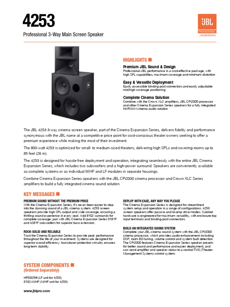 Jbl 4253 Spec Sheet Loudspeaker Audio Electronics