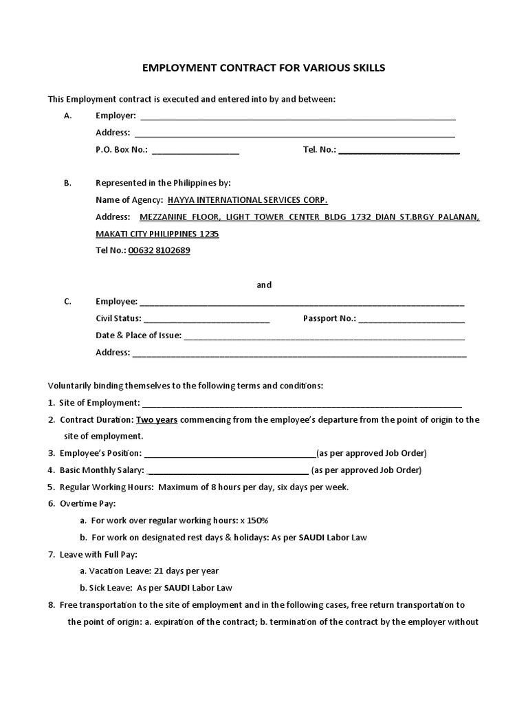 Standard Employment Contract | PDF | Employment | Working Time