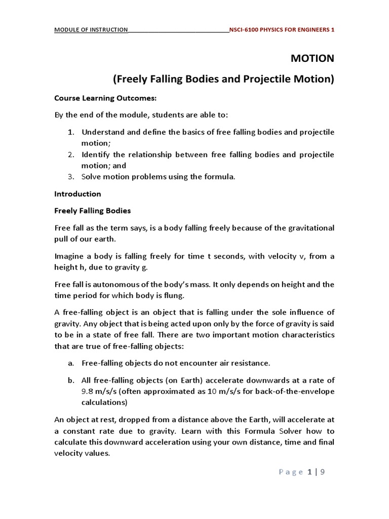 Motion (Freely Falling Bodies and Projectile Motion) : Course Learning ...