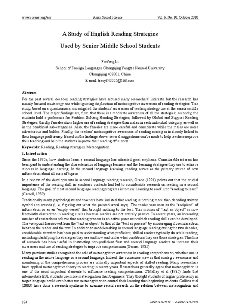 English Reading Strategies in China | PDF | Metacognition | Reading ...