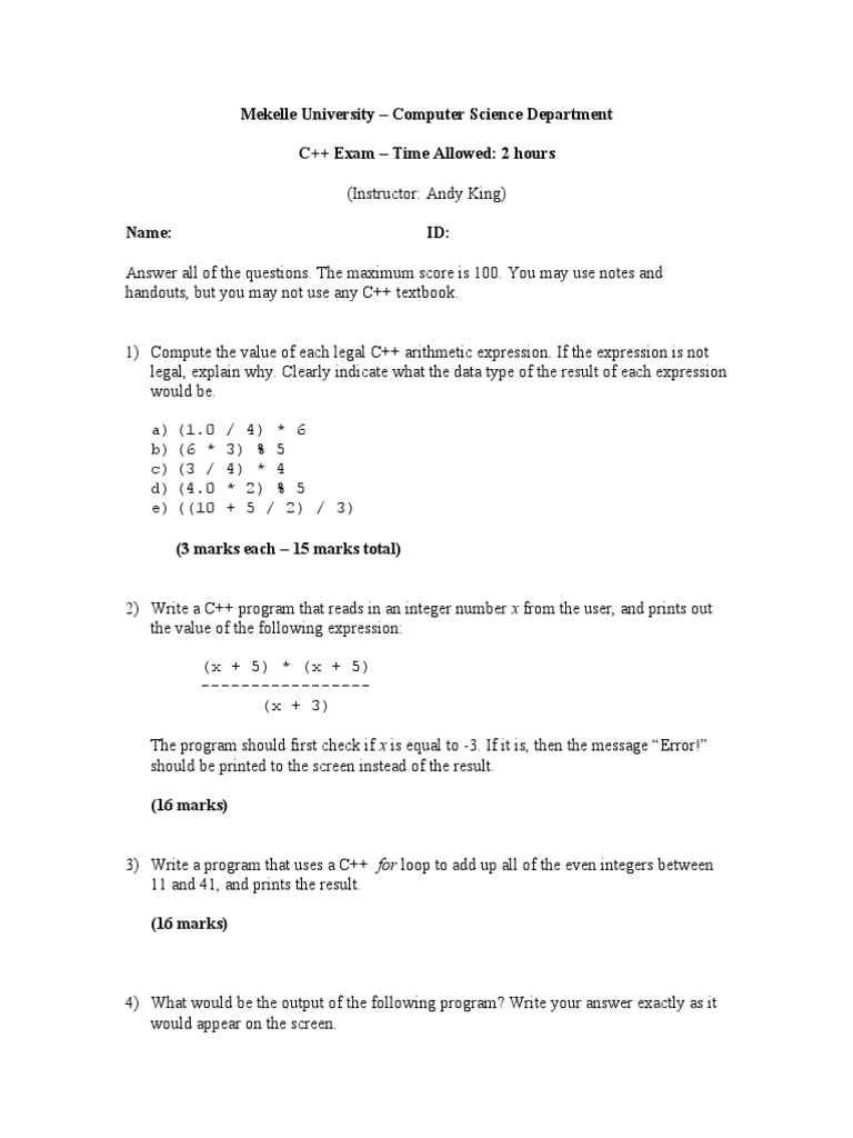 C++ Exam for Mekelle University | PDF | Integer (Computer Science ...