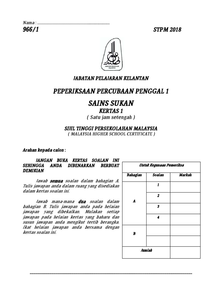 Soalan Percubaan Sains Sukan Stpm Penggal 1 2018 Pdf