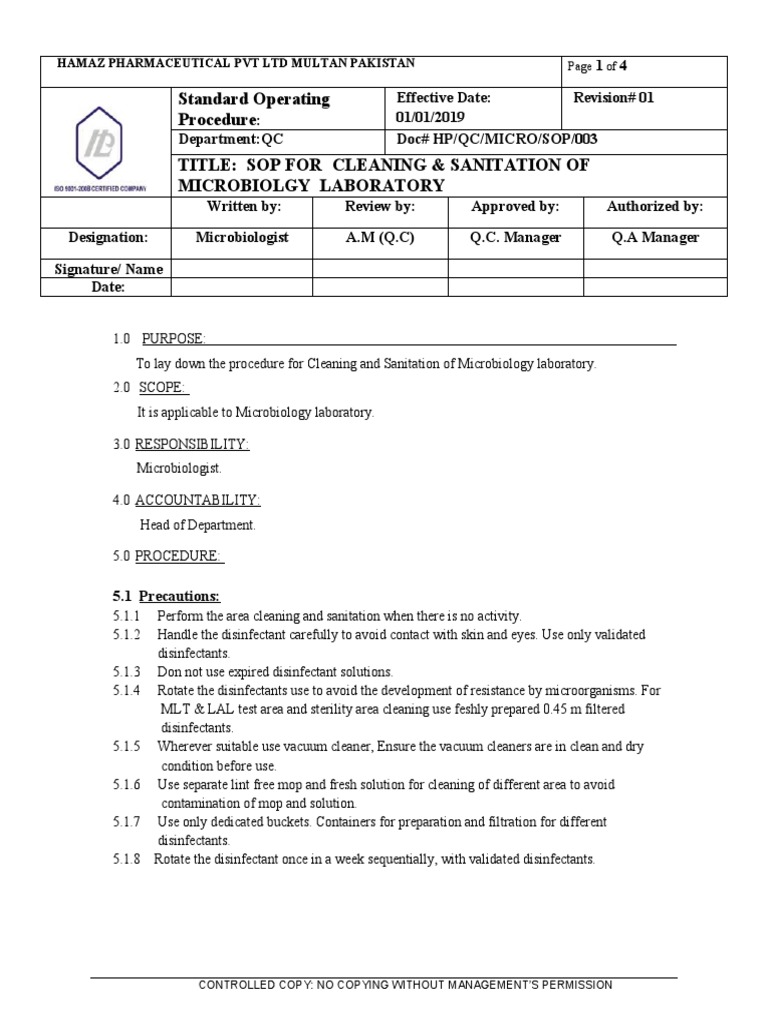 SOP for Microbiology Lab Sanitation | PDF | Disinfectant | Filtration