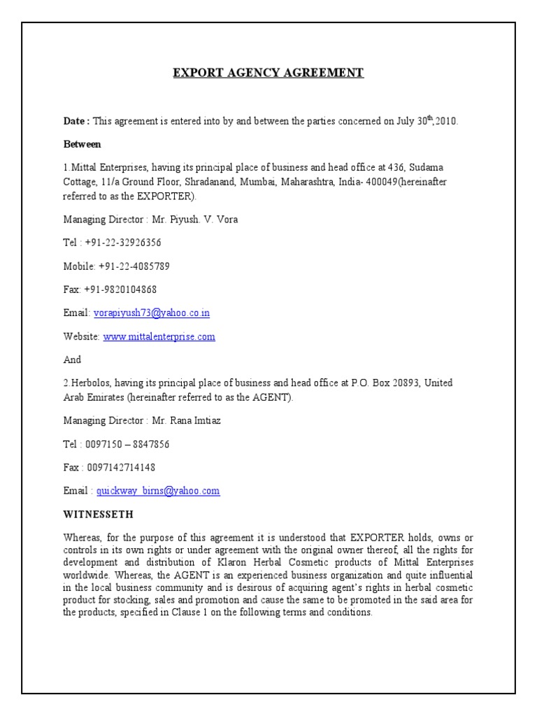 Export Agency Agreement for Klaron Products | PDF | Prices | Justice