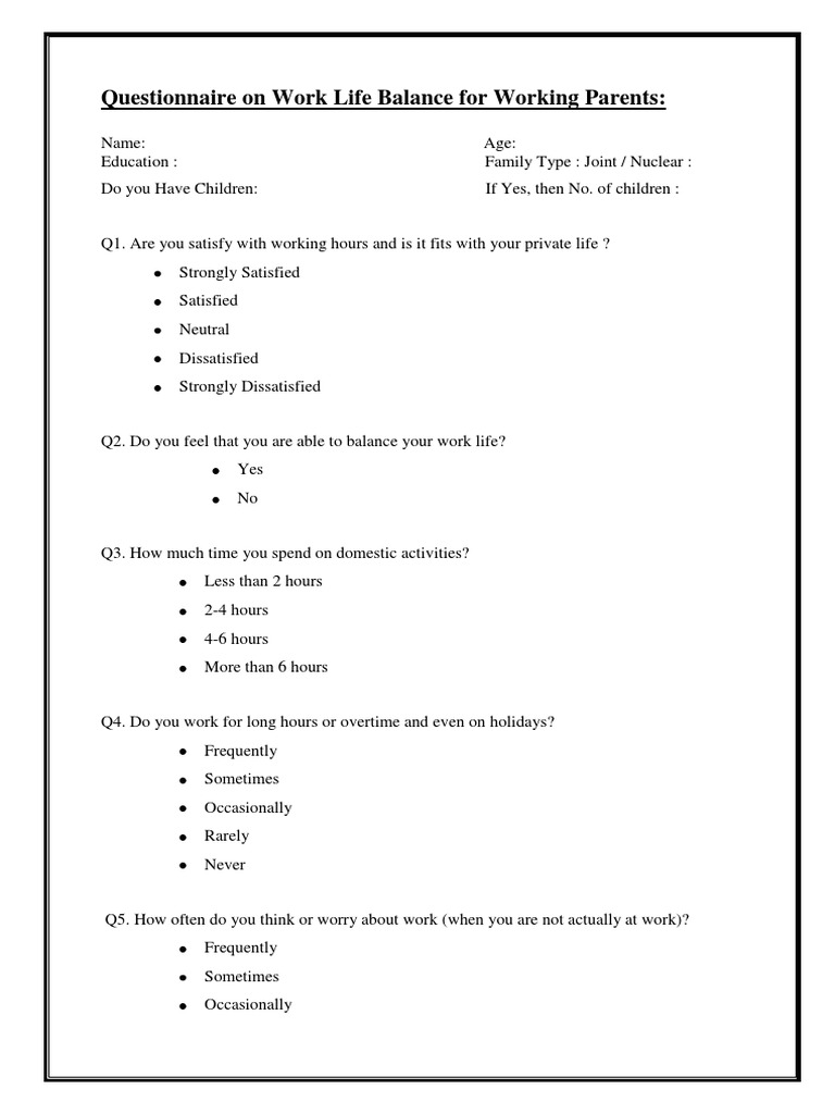 Questionnaire On Work Life Balance For Working Parents | PDF ...