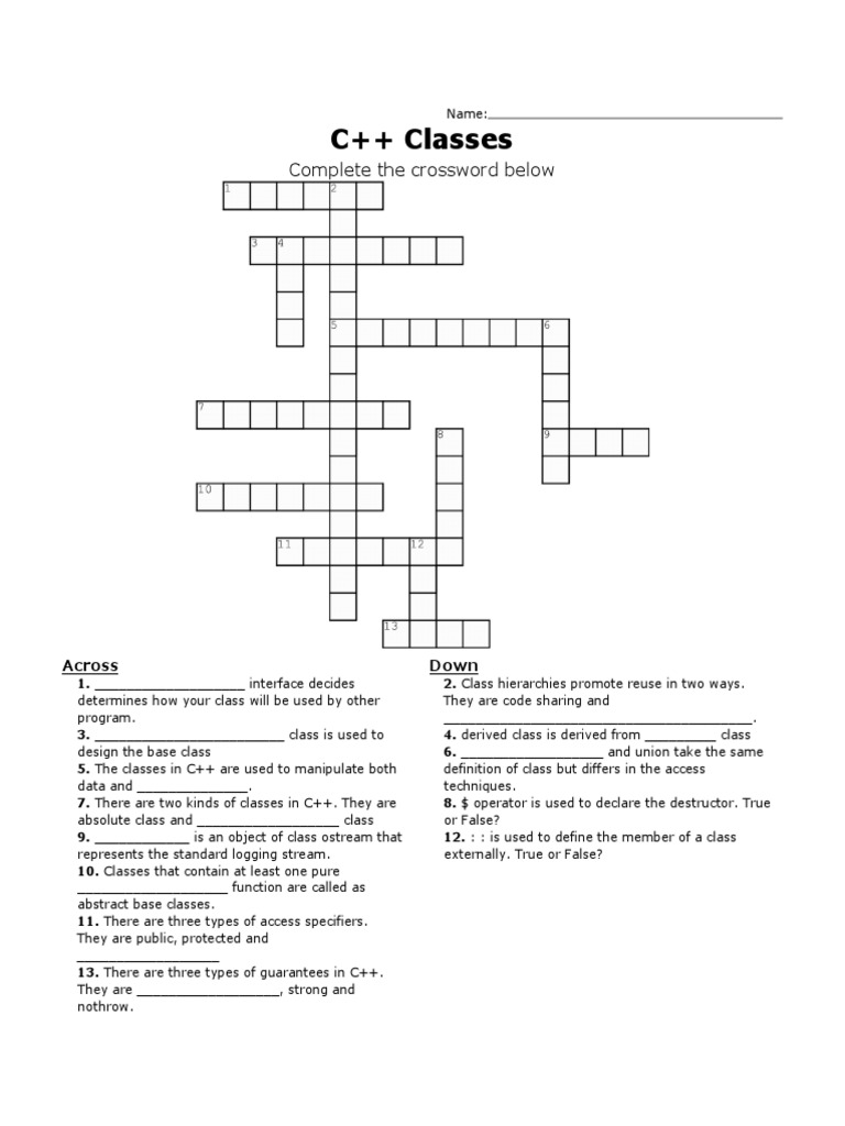 C++ Classes Crossword Puzzle | PDF | Teaching Methods & Materials ...