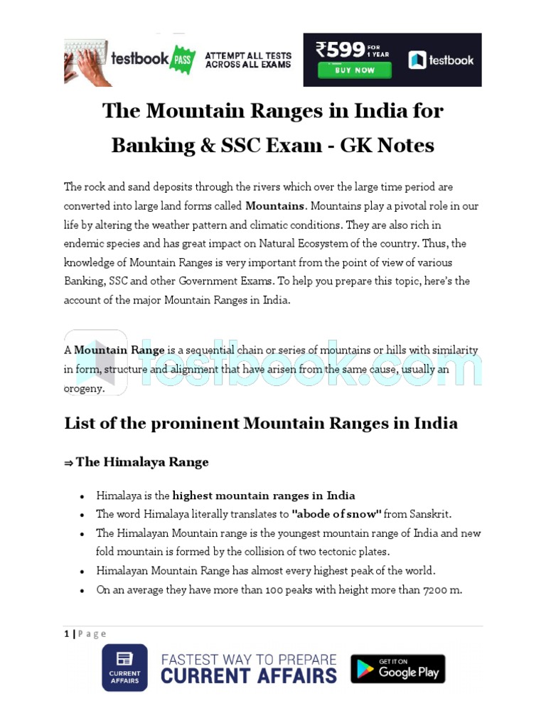 Major Mountain Ranges of India for SSC | PDF | Himalayas | Mountains