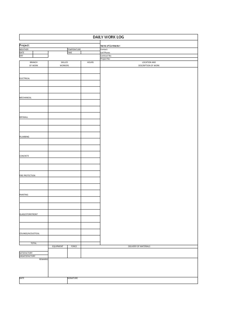 Daily Contractor Work Log Template | PDF | Technology & Engineering