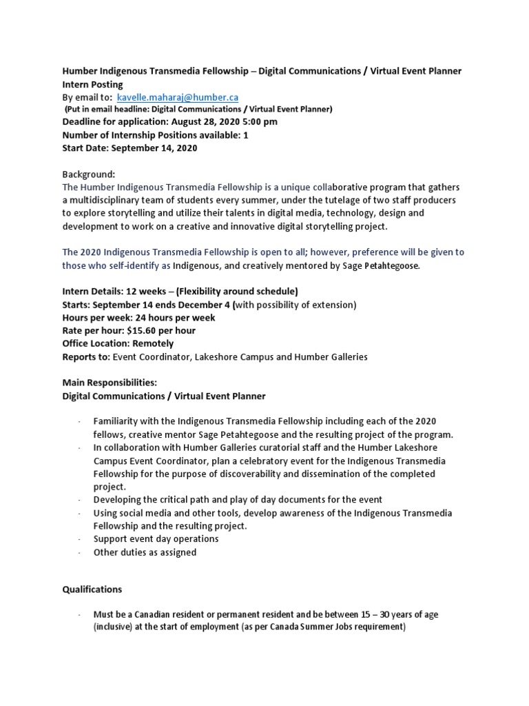 FINAL Job Description Humber Indigenous Transmedia Fellowship PDF