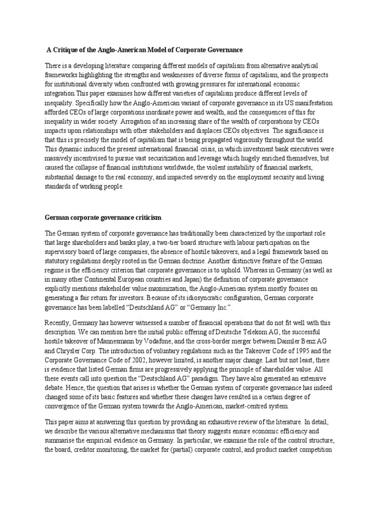 Critique of Anglo-American Governance Model | PDF | Corporate ...