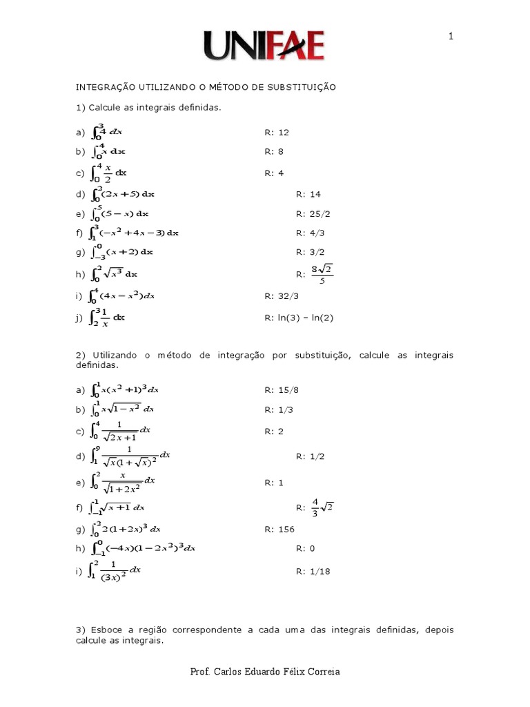EXERCÍCIOS Integral Definida Pelo Método Da Substituição | PDF ...