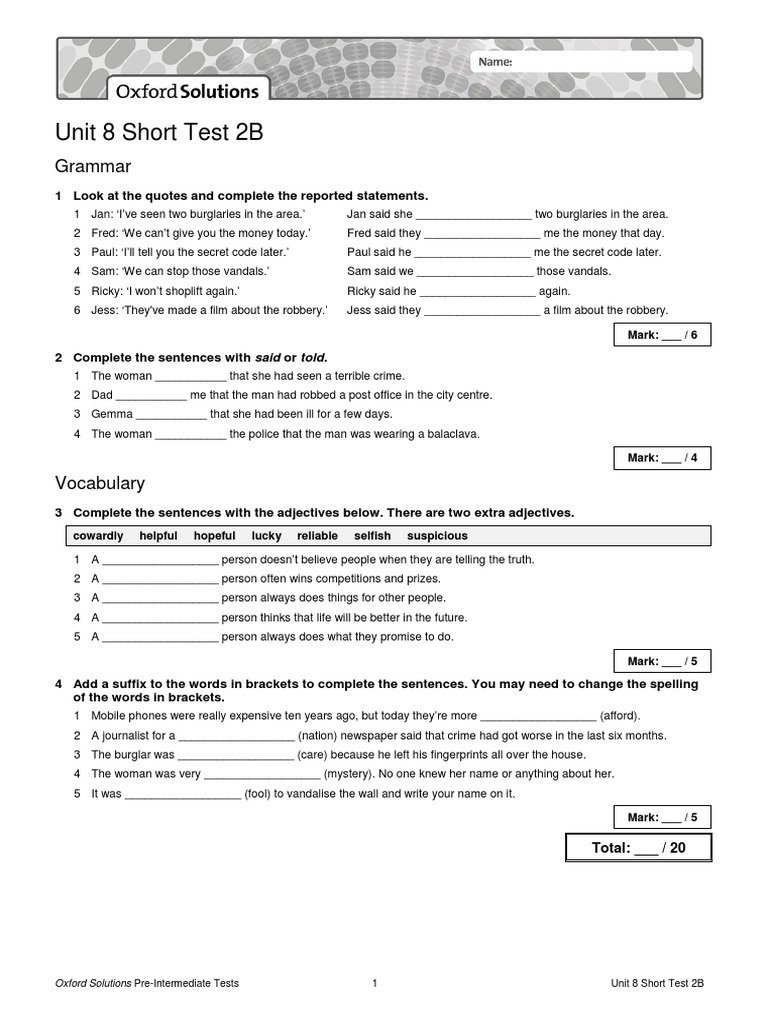 Unit 8 Short Test 2B Answers | PDF | Theft | Crime Thriller