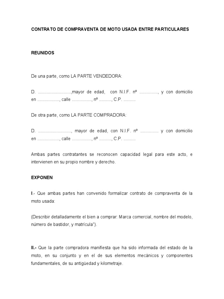 Contrato Privado de Compraventa de Moto Usada Entre Particulares | PDF ...