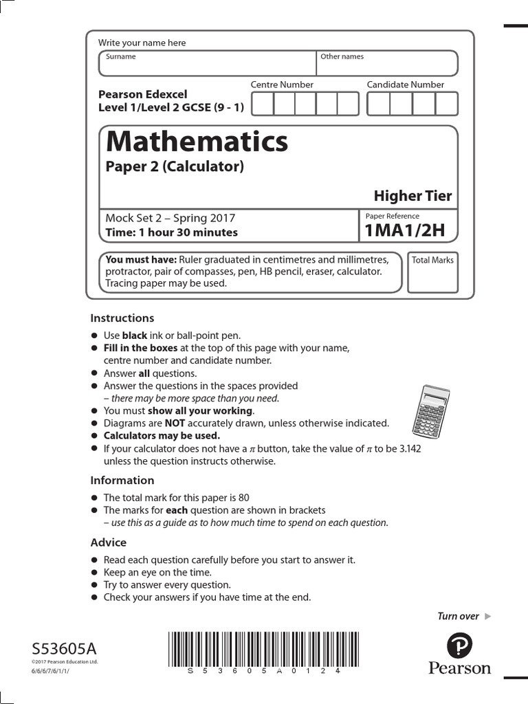 GCSE 1MA1 Paper 2H (Mock Set 2) PDF PDF Teaching Mathematics