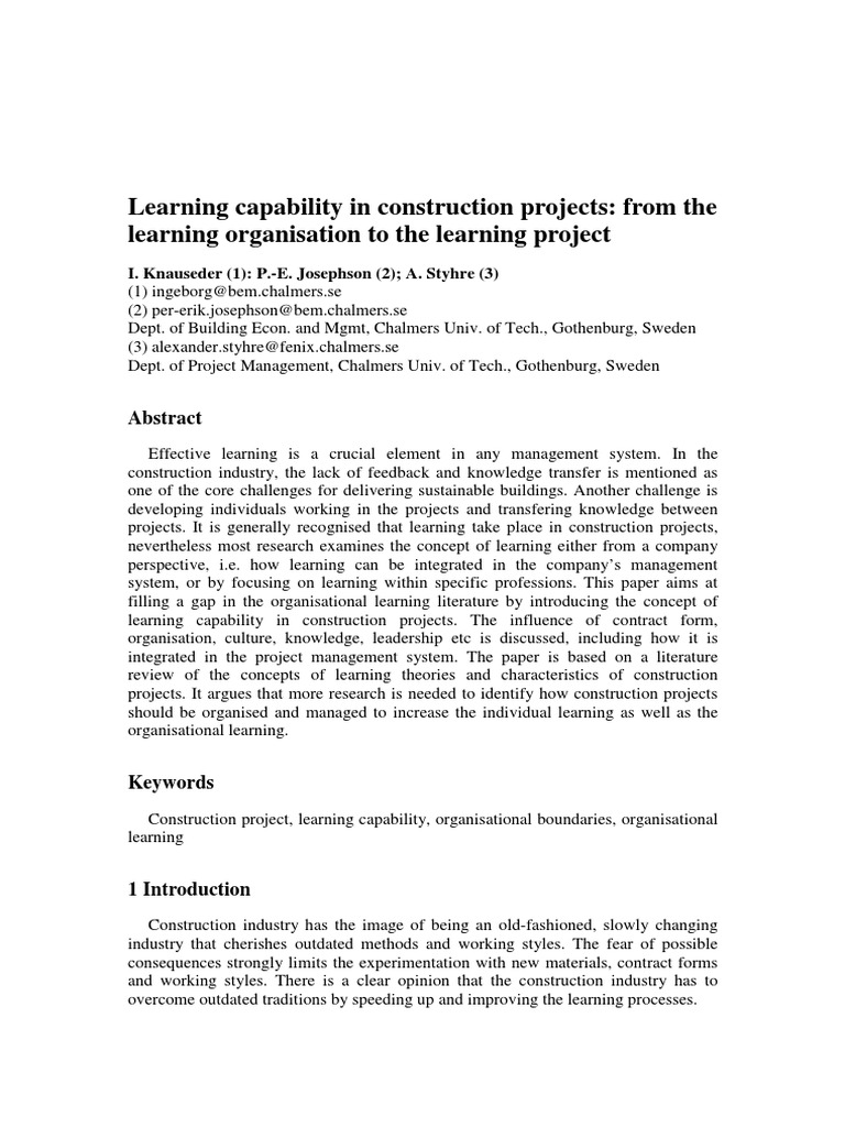 Learning Capability in Construction Projects: From The Learning ...
