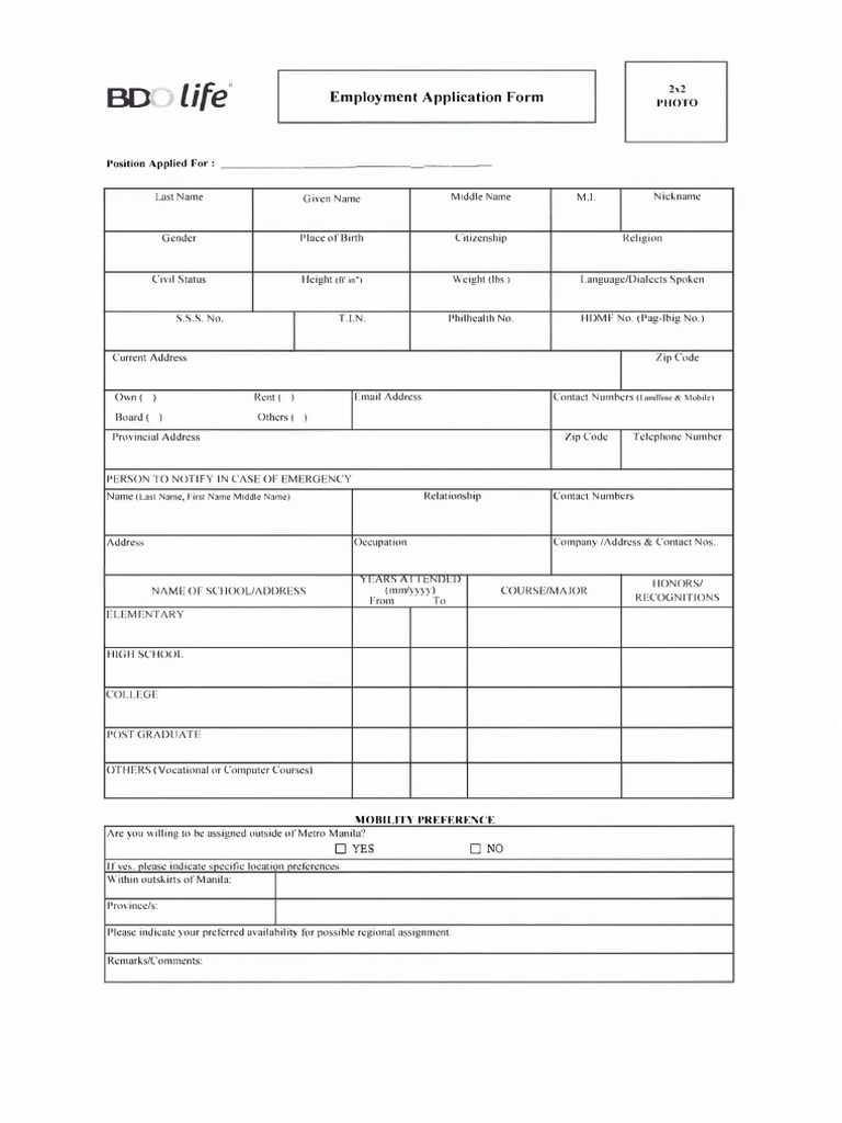 BDO Life Employment Application Form With DPA Fillable PDF