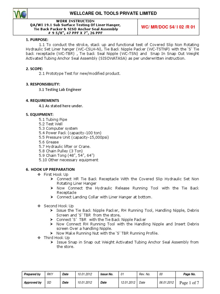 Annexure1 Sub Surface Testing of Liner Hanger, Tie Back Packer