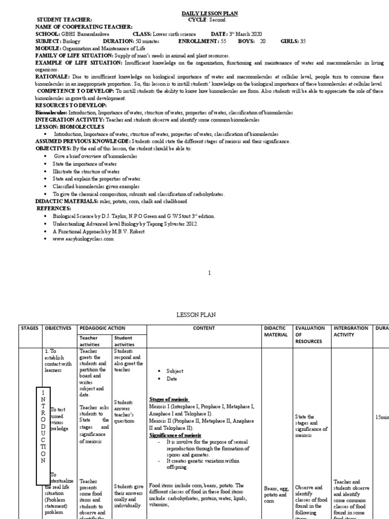 Lesson Plan On Biomolecule PDF Carbohydrates Macromolecules