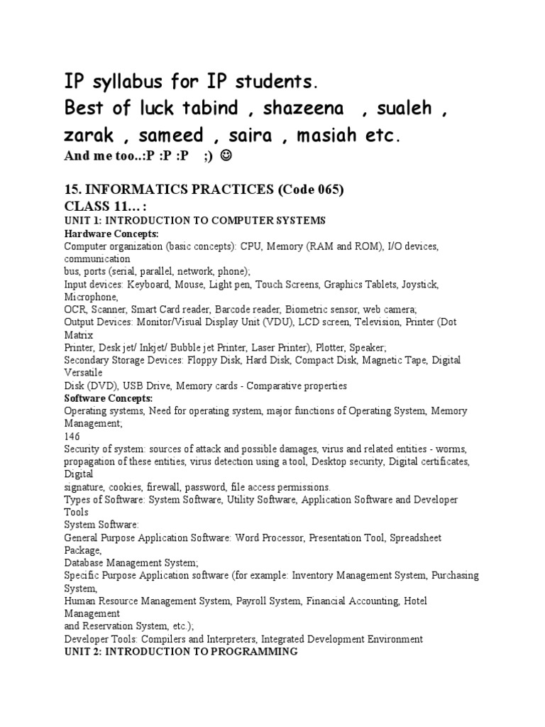Class 11 Informatics Practices Syllabus | PDF | Computer Network ...