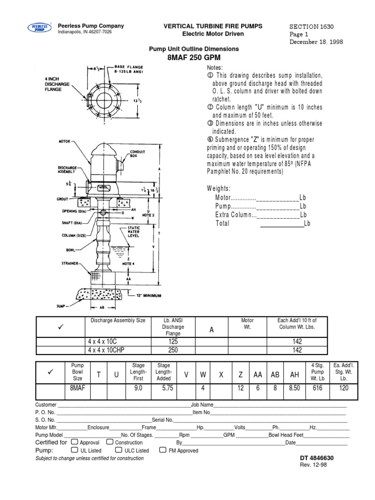 Vertical Turbine Fire Pump Specifications | PDF | Pump | Engines