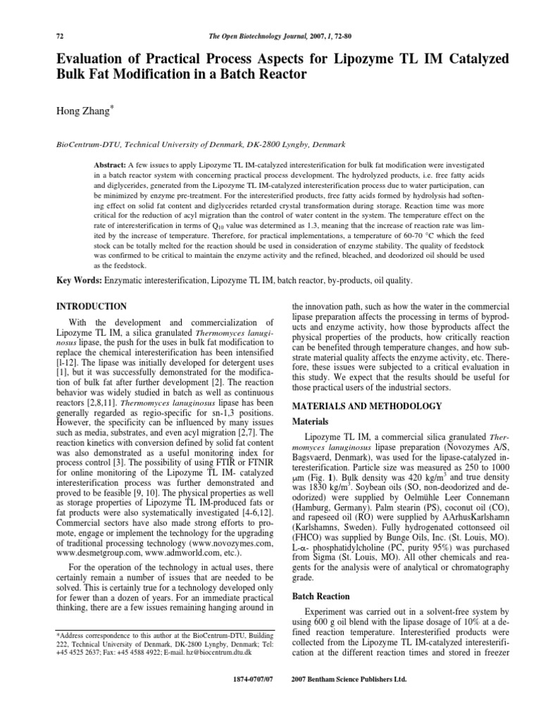 Lipozyme TL IM in Bulk Fat Modification | PDF | Chemical Substances ...