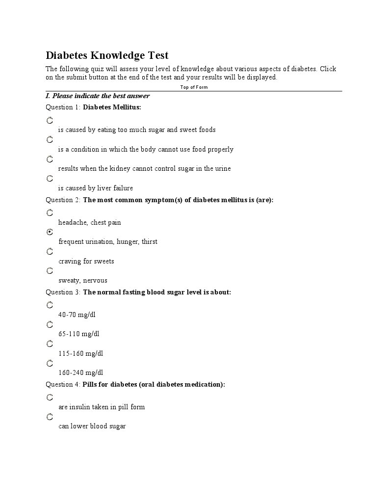 Diabetes Knowledge Quiz and Test | PDF | Diabetes | Medical Specialties