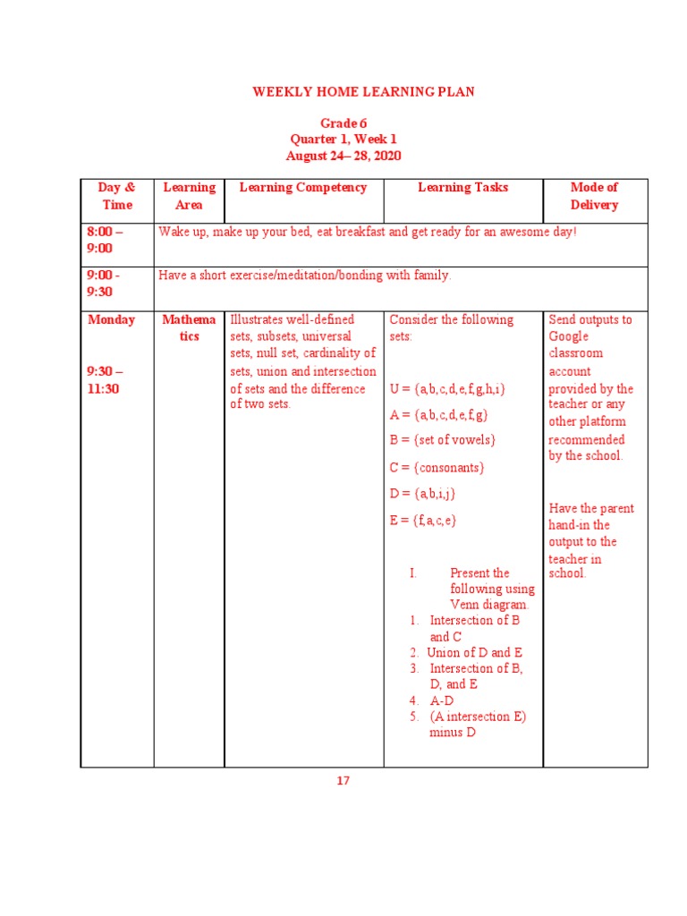 Grade 6 Weekly Home Learning Plan | PDF | Teachers | Cognition