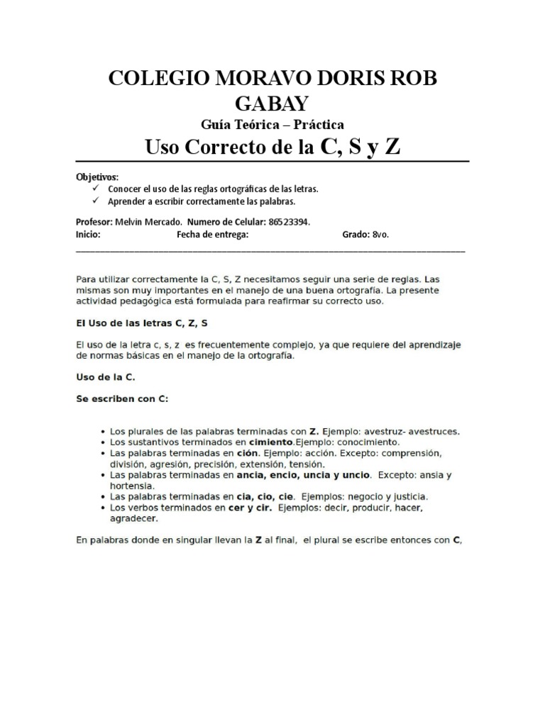 Guia Teorica - Practica - Uso Correcto de La C, S y Z - 8vo Grado | PDF |  Crecimiento personal y profesional | Negocios, image size:768x1024