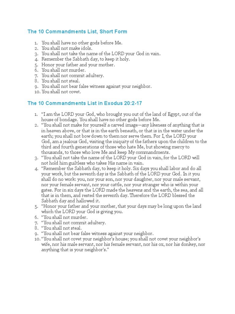 The 10 Commandments List, Short Form | PDF