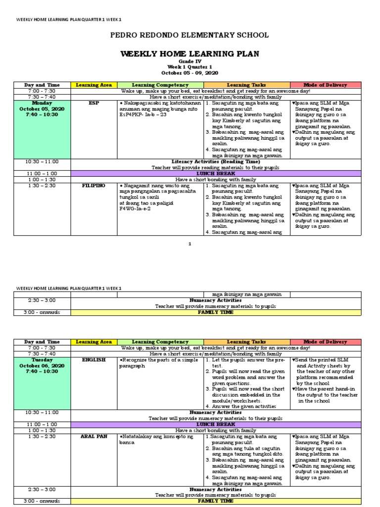 Weekly Home Learning Plan: Pedro Redondo Elementary School | Download ...