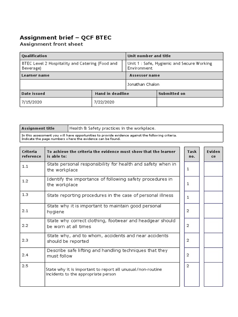 Front Sheet Template Unit 1 | PDF | Working Conditions | Occupational ...