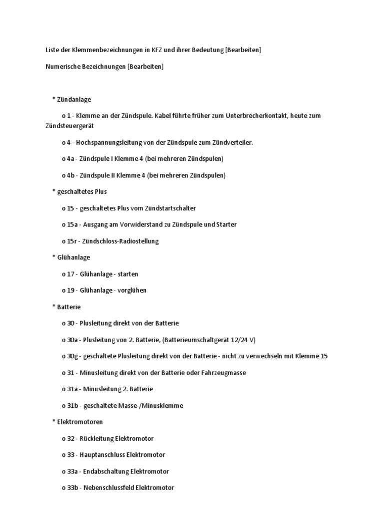 Klemmenbezeichnung Auto