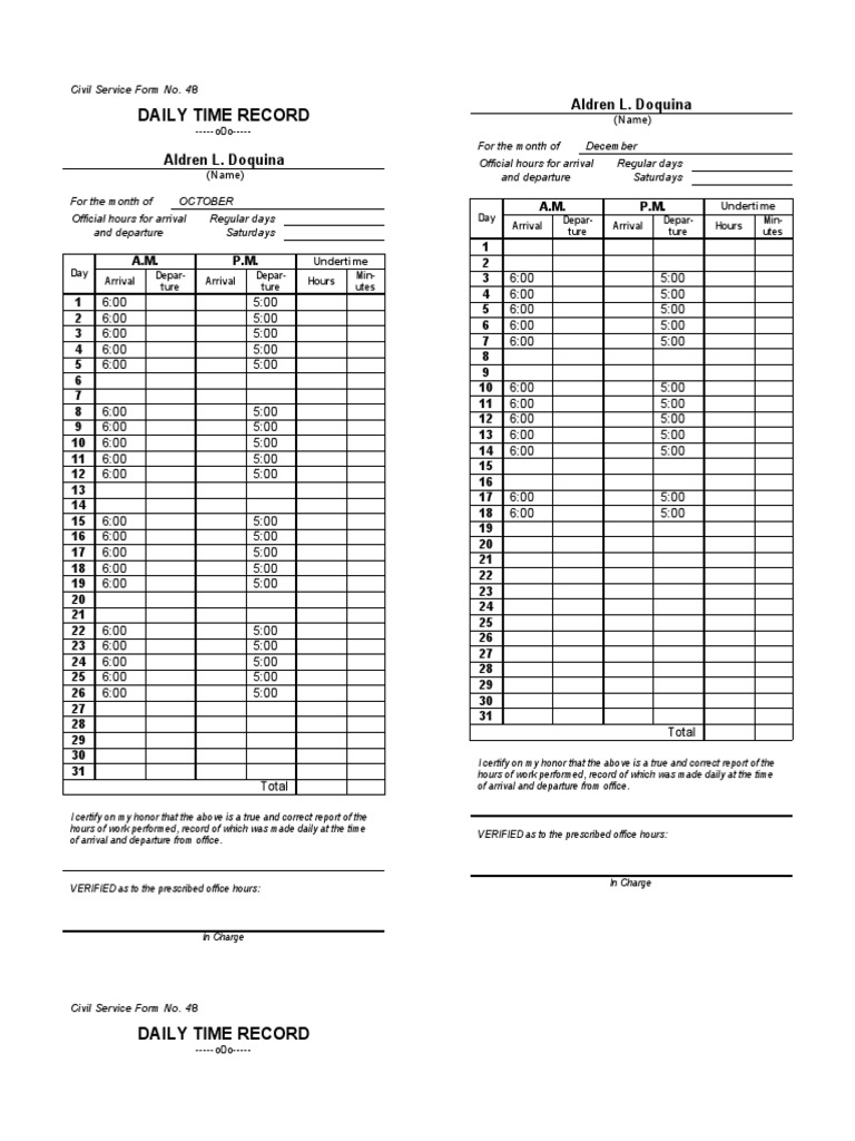 Daily Time Record Aldren L. Doquina PDF Teaching Mathematics Business