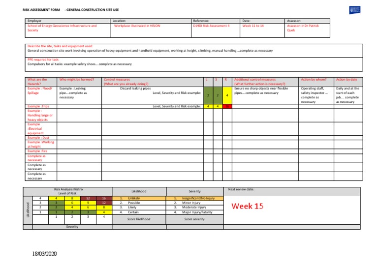 Risk Assessment Form for General Construction Site Work: Identifying ...