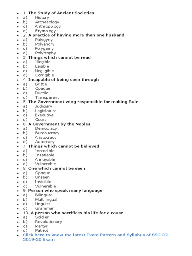 One Word Substitution Questions Practice Test | PDF