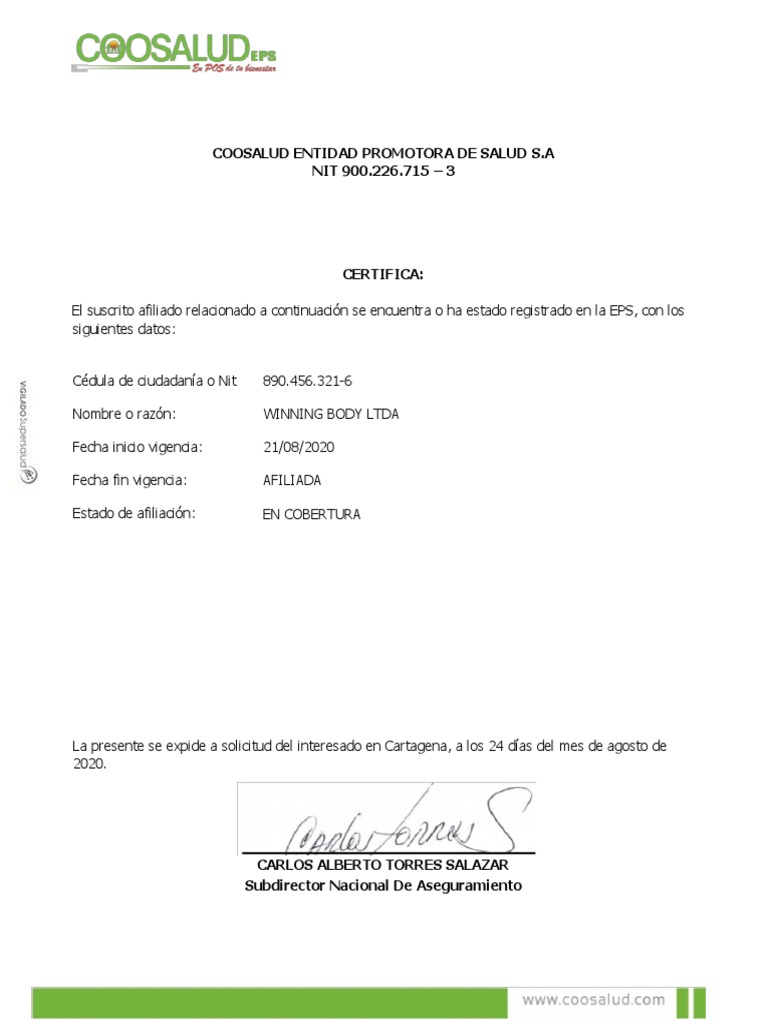 Certificado de Afiliación Coosalud | PDF | Finanzas y dinero
