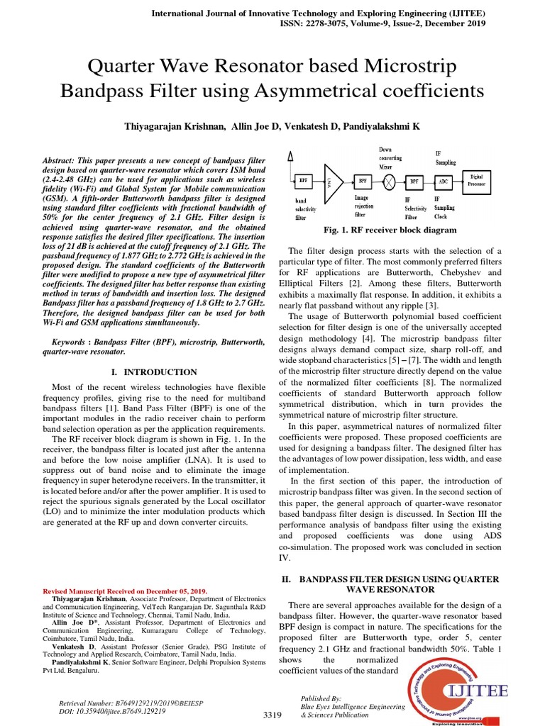 Quarter Wave Resonator Based Microstrip Bandpass Filter Using