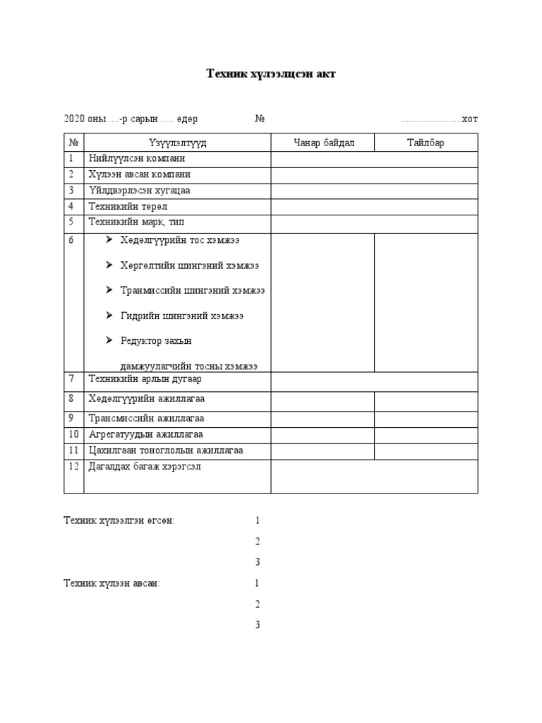 Техник хүлээлцсэн акт | PDF