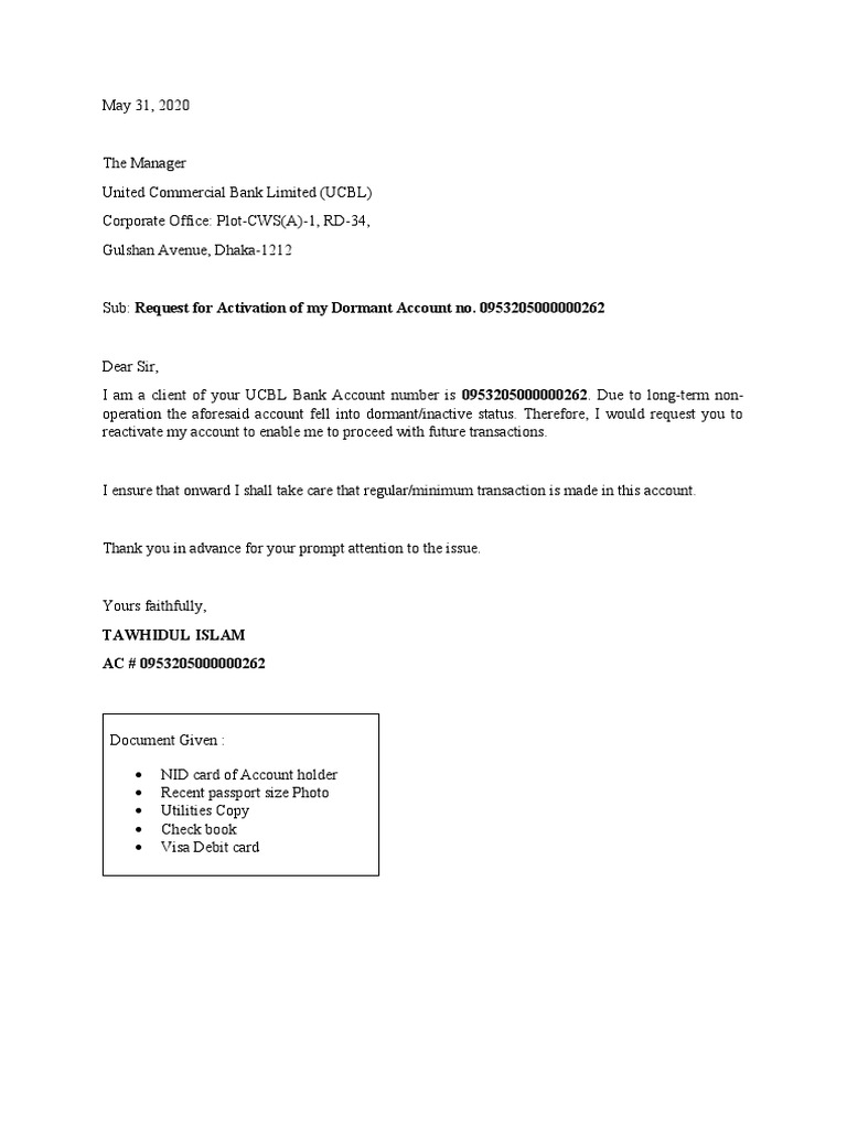 Dormant Account Reactivation Request | PDF