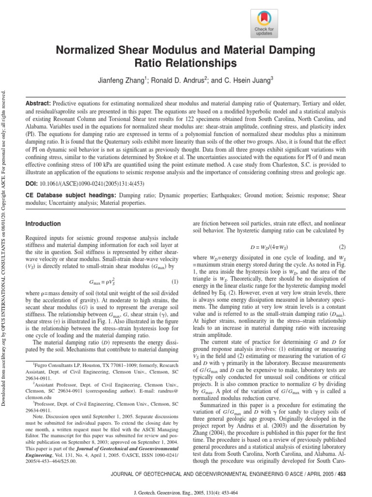 Normalized Shear Modulus and Material Damping Ratio Relationships by ...