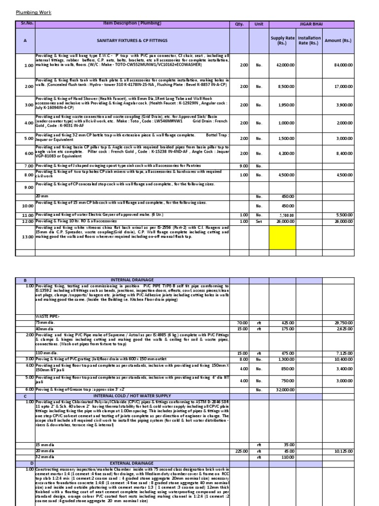 Plumbing Rate PDF Plumbing Pipe (Fluid Conveyance)