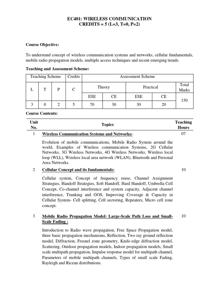 Ec401 Wireless Communication CREDITS 5 (L 3, T 0, P 2) PDF