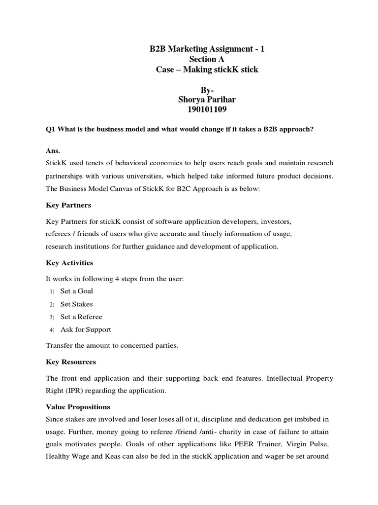 B2B Marketing Assignment 1 Section A Case Making Stickk Stick By