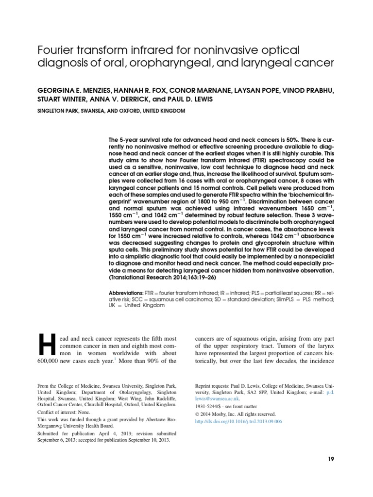 FTIR for Early Detection of Head and Neck Cancer | PDF | Infrared ...