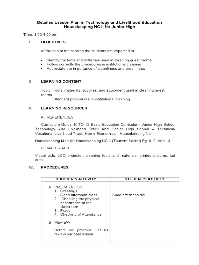 Detailed Lesson Plan in Technology and Livelihood Education | PDF ...