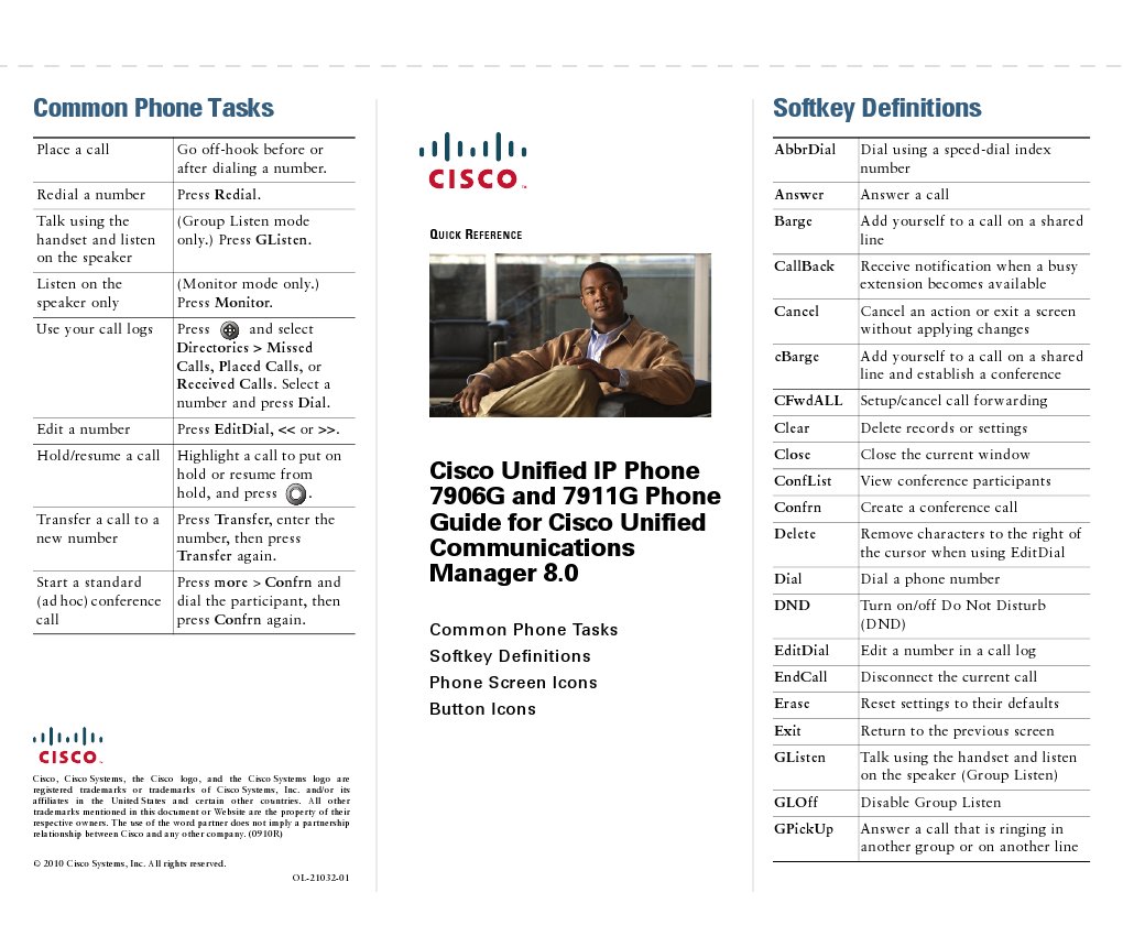 Cisco IP Phone 7911 2 Pages User Guide PDF Conference Call Telephone