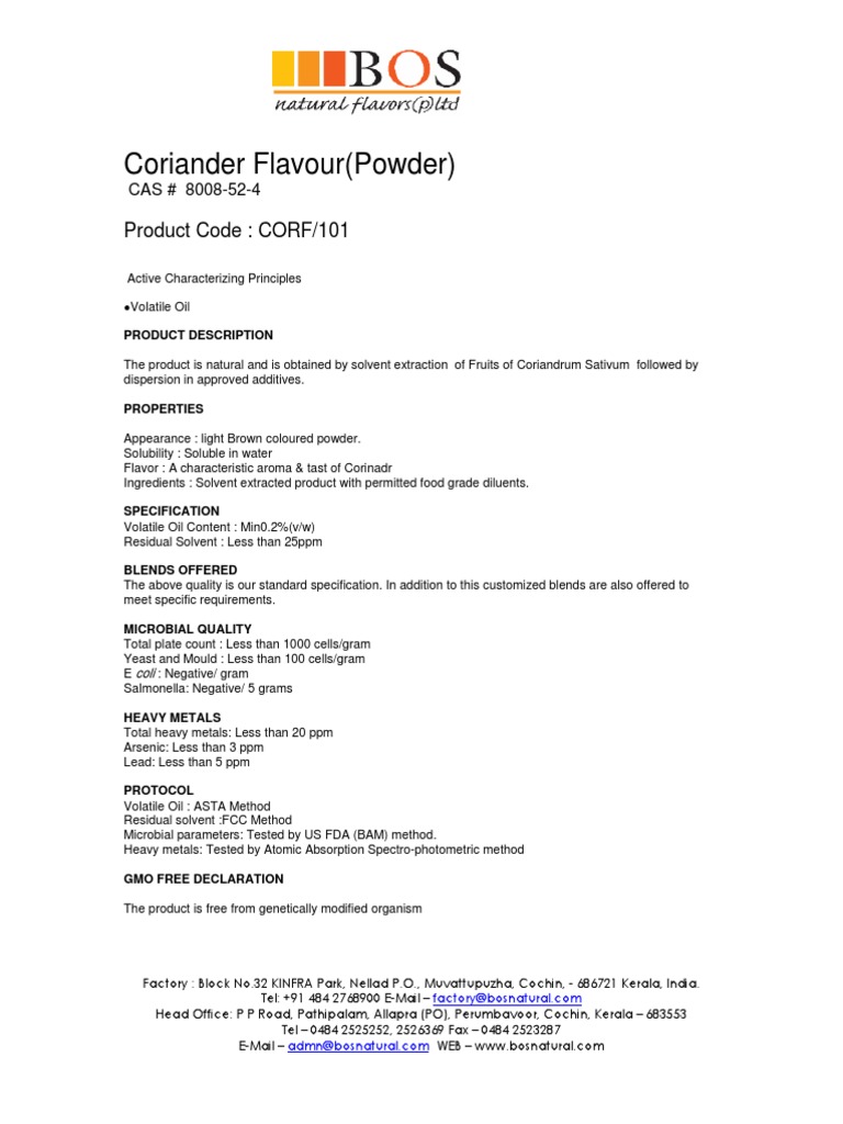 Coriander Flavour (Powder) Product Code CORF/101 PDF Coriander